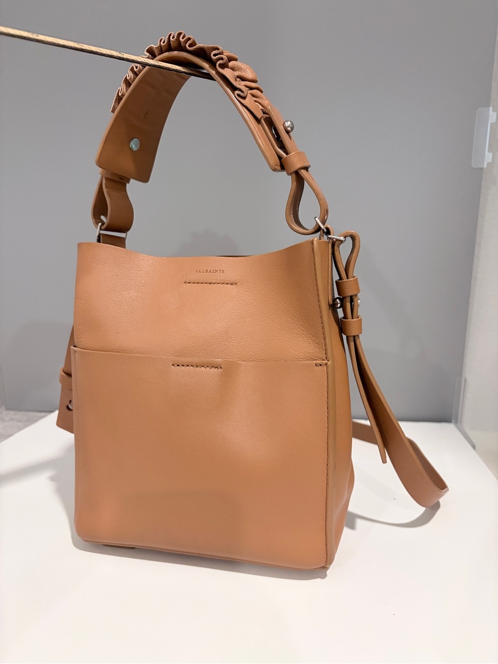 ALLSAINTS Genuine Leather Bucket Shoulder Bag with Ruched Strap